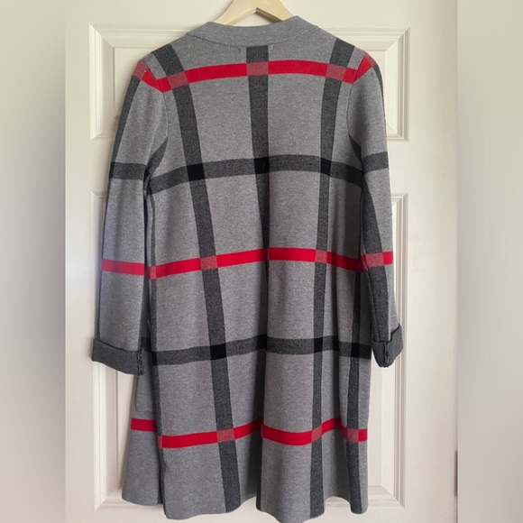 TAHARI Open Front Long Cardigan Size M Grey Black Red - Picture 4 of 7